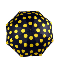 Leather handle black umbrella with yellow polka dot printing
